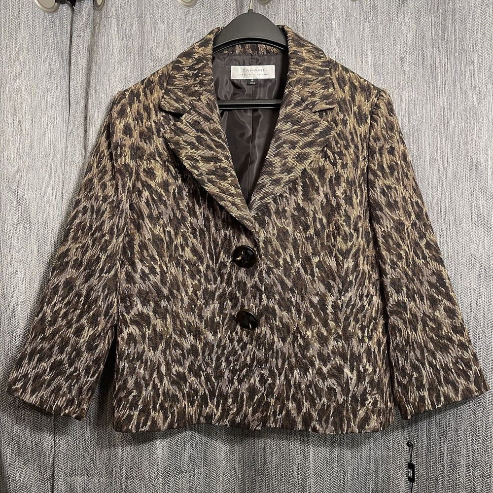 Tahari Womens Blazer Jacket Brown Cheetah Print Waist Length L / XL sz 14 New